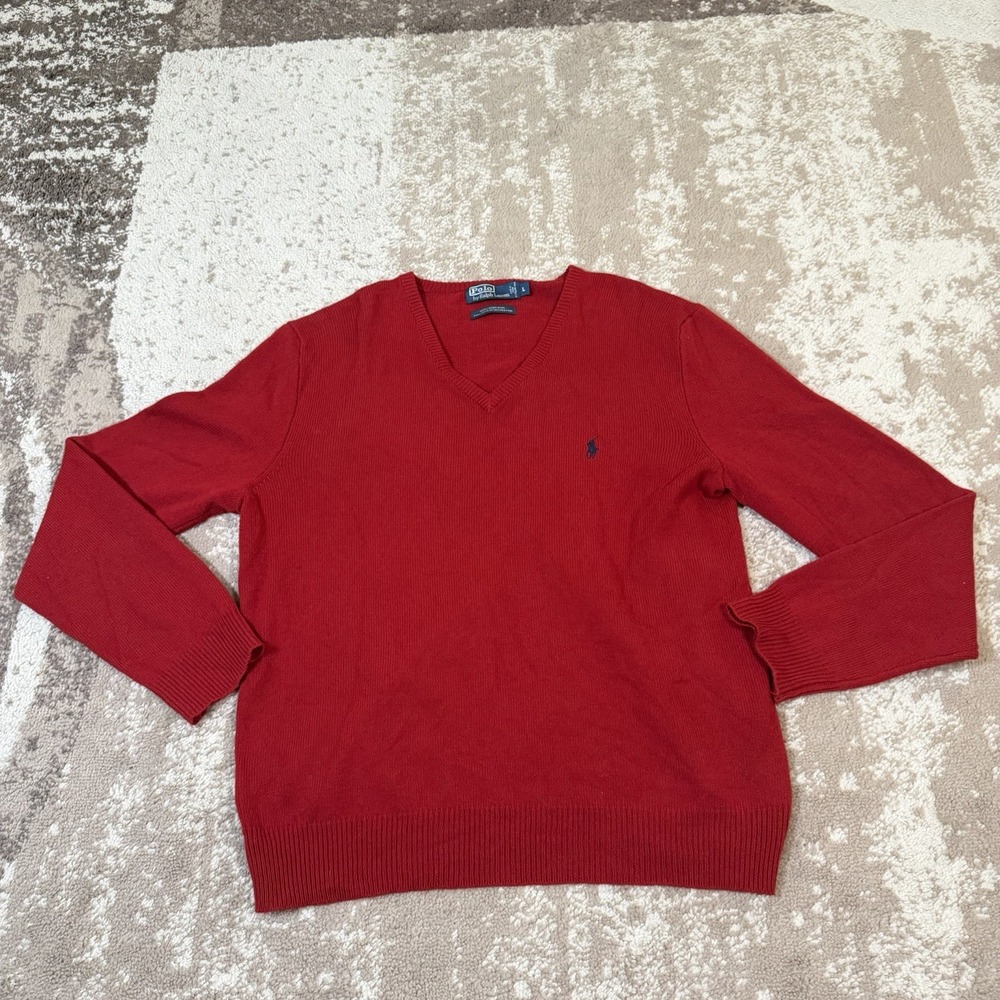 Polo Ralph Lauren Men's Large Sweater Red 100% Lambs Wool V-Neck Vintage